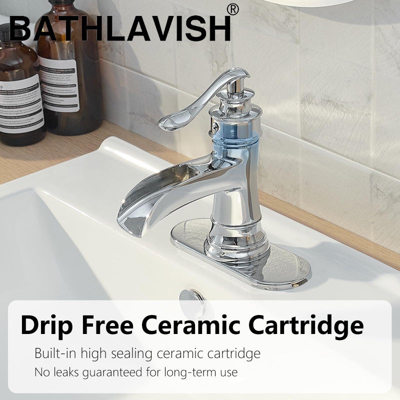BATHLAVISH Polished Chrome Waterfall Bathroom Faucet, Single Handle Bathroom Sink Faucet 1 Hole or 3 Hole, Vanity Sink Faucet for Vintage Antique Lavatory Washroom with Pop Up Drain, Deck, 2 Hoses - Image 4